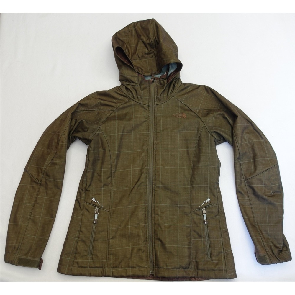 The North Face Jacket Womens L Brown Plaid Hooded Softshell Fleece Full Zip
